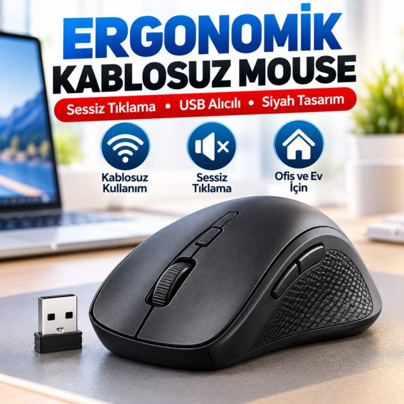 Siyah Renkli Ergonomik Sessiz Kablosuz Mouse – USB Alıcılı, Ofis ve Oyun İçin Konforlu Bilgisayar Faresi MS6310