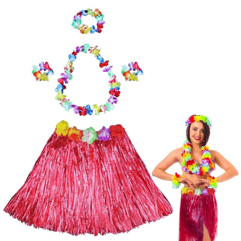 Hawaii Dans Kostümü ? Kırmızı Hula Etek & Çiçek Kolye Seti