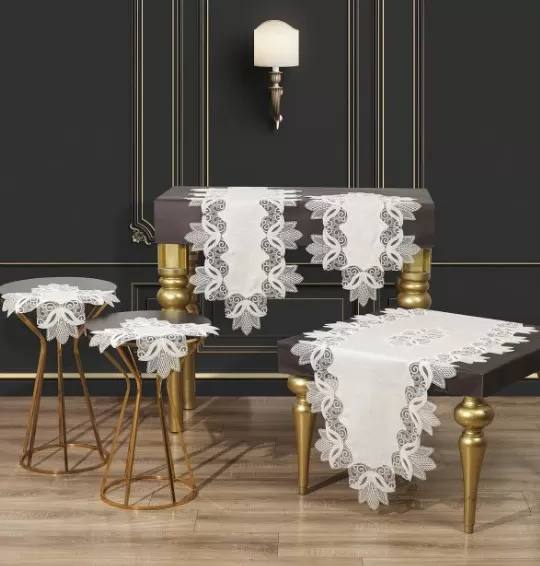 Krem-Gold Kayla Model 5 Parça Keten Dantelli Runner Seti Çeyizlik Salon Takımı