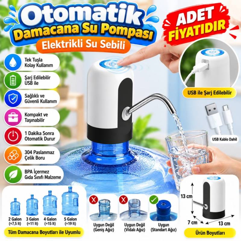 Usb ile Şarj Edilebilir Elektrikli Otomatik Damacana Su Pompası (adet fiyatıdır)
