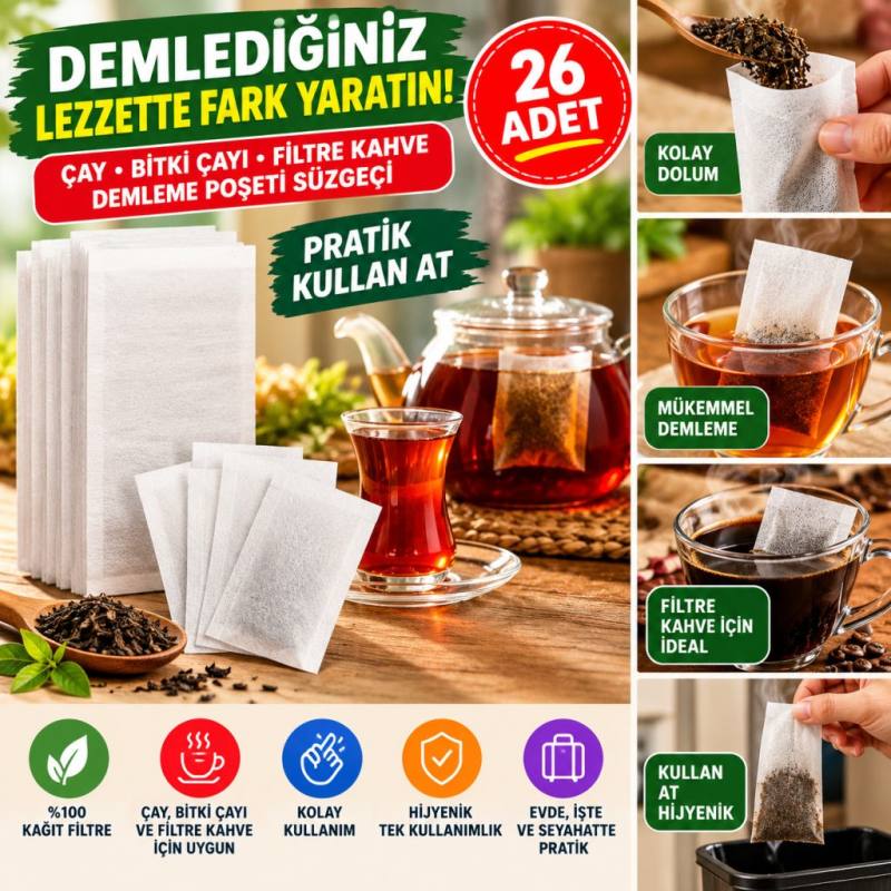 26 Adet Pratik Kullan At Çay,Bitki Çayı,Filtre Kahve Demleme Poşeti Süzgeci