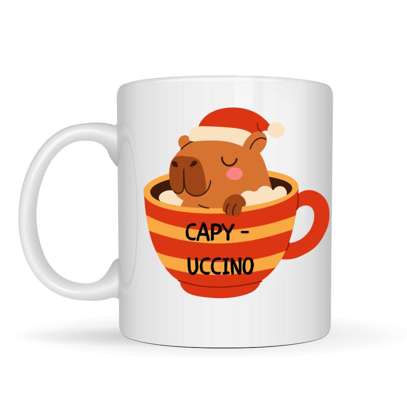Capyccino Kapibara Tasarımlı Kupa Model 219 Yılbaşı Temalı Baskılı Seramik Kahve Kupası
