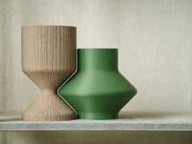 3D Baskı Modern Dekoratif İkili Vazo Seti - Minimalist Çizgili Çiçek Vazosu-Bej-Yeşil - 17*10,25 Cm  - 13*15 Cm