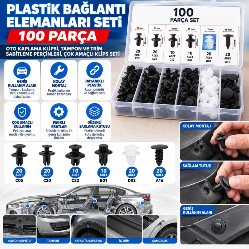 Plastik Bağlantı Elemanları Seti 100 Parça – Oto Kaplama Klipsi, Tampon ve Trim Sabitleme Perçinleri, Çok Amaçlı Klips Seti