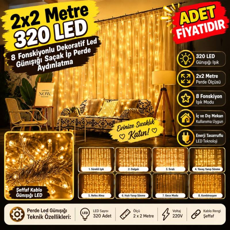 2x2 Metre 320 Led 8 Fonskiyonlu Dekoratif Led Günışığı Perde (adet fiyatıdır)