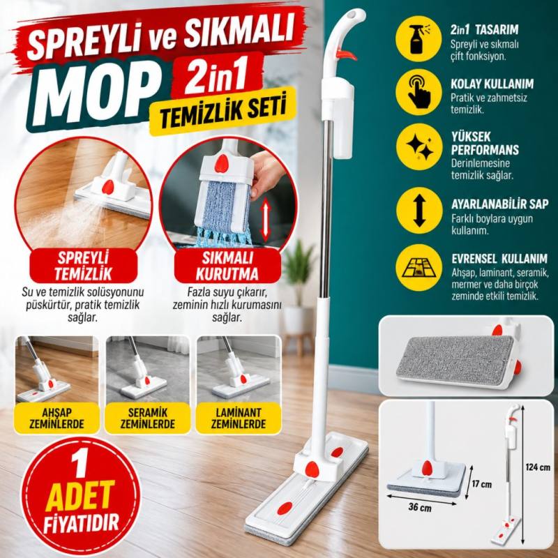 Spreyli ve Sıkmalı Mop Temizlik Seti (adet fiyatıdır)