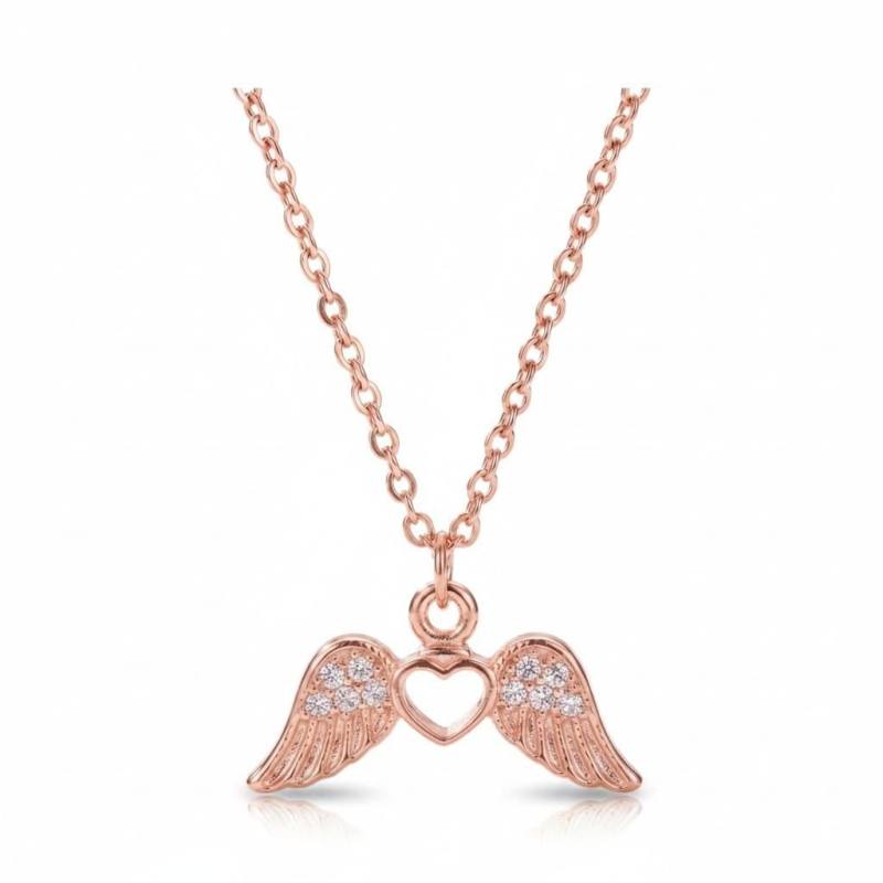 Zirkon Taşlı Kalpli Melek Kanadı Tasarım Kolye, Rose Gold Kaplama
