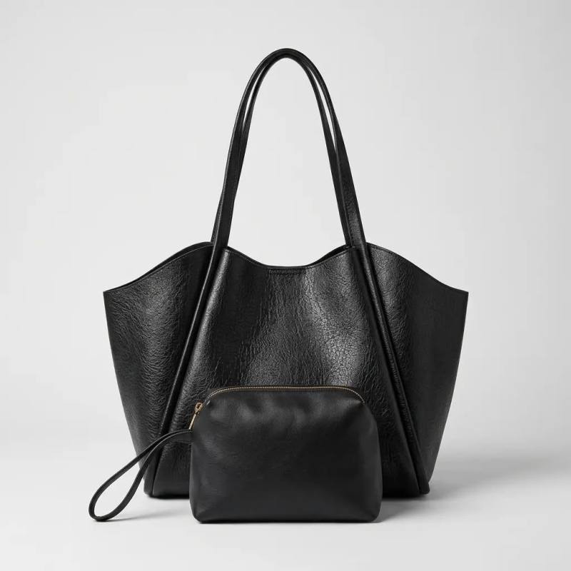 Siyah Yumuşak Deri Omuz Çantası 31x24 cm Ekstra Makyaj Çantalı Günlük Kadın Çanta