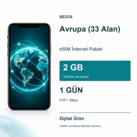 Avrupa (33 Alan) eSIM İnternet Paketi Günlük 2 GB 1 Gün - FUP 1 Mbps