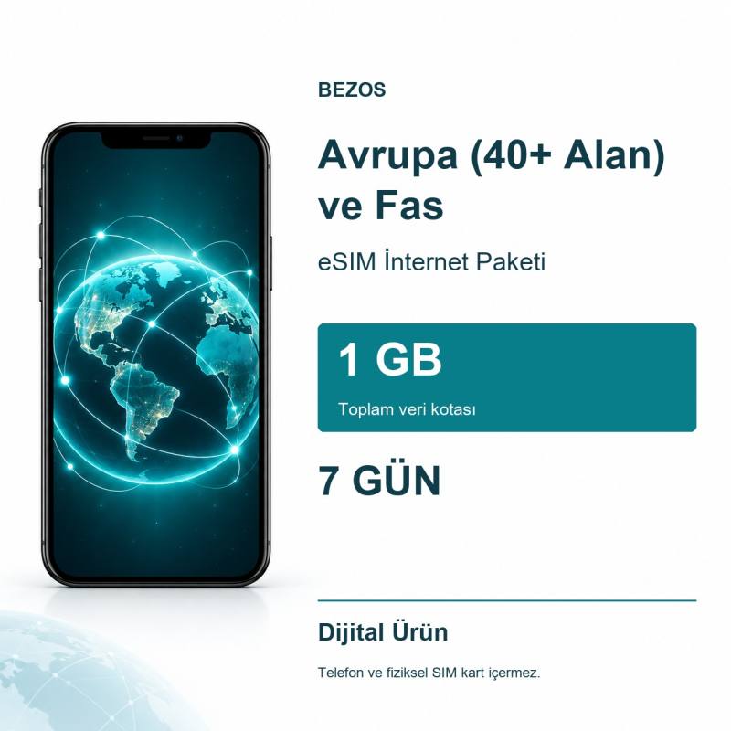 Avrupa (40+ Alan) ve Fas eSIM İnternet Paketi 1 GB 7 Gün