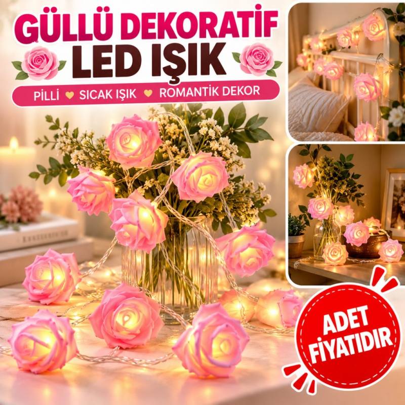 Yapay Gül Tasarımlı Dekoratif Led Işık Gül Detaylı Led Işık Pilli (20 Gül)