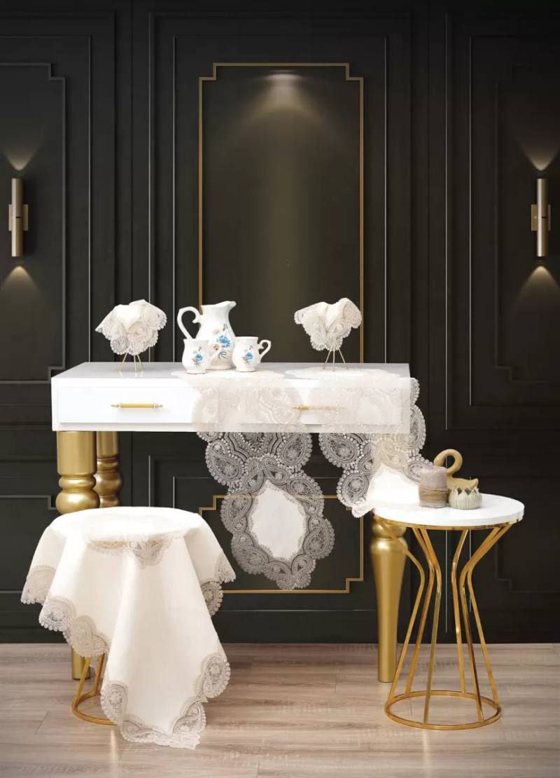 Krem-Kapiçino Bellisima Model 5 Parça Keten Dantelli Salon Takımı Runner Seti No 800