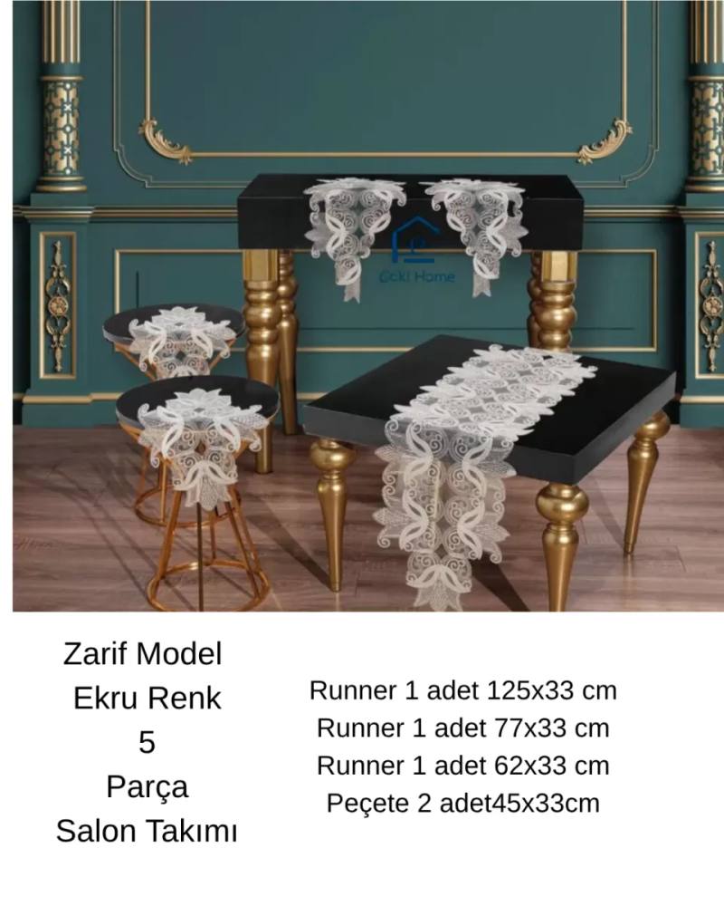 Zarif Model Krem Dantelli Masa Örtüsü Runner Seti Çeyizlik Salon Takımı 5 Parça