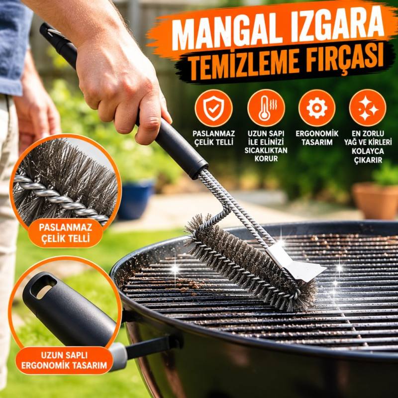 Mangal Izgara Temizleme Fırçası – Paslanmaz Çelik Telli, Uzun Saplı Grill Temizlik Aparatı Mangal Temizlik Fırçası
