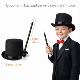 Çocuk Sihirbaz Şapkası ve Uzayan Yaylı Sihirli Sopa Seti