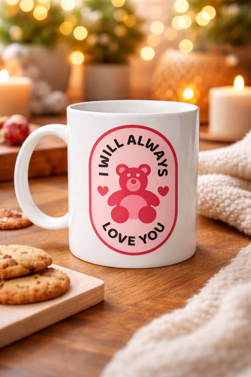 I Will Always Love You Ayıcık Desenli Porselen Kupa Model 33 – Sevgiliye Özel Anlamlı Hediye Kupası