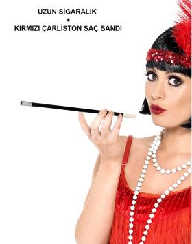 1920'ler 1990'lar Gatsby Kadın Aksesuar Seti ? Kırmızı Charleston Saç Bandı ve Sigaralık