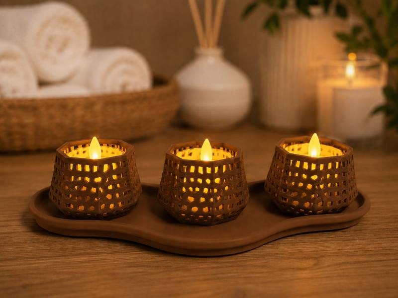 3D Baskı Dekoratif Mumluk Seti - Desenli Tealight ve Masaüstü Aydınlatma Objesi-Kahverengi