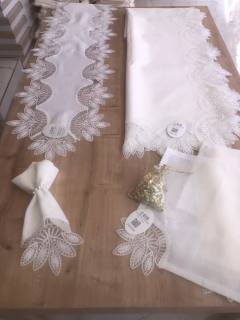 Sofra Takımı Lady Gardenya Keten Yemek Takımı 160x220 Masa Seti 26 Parça Runner Set Krem