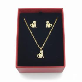 Özel Hediye Kutulu Kedi Figürlü Kolye Küpe Seti Gold Renk