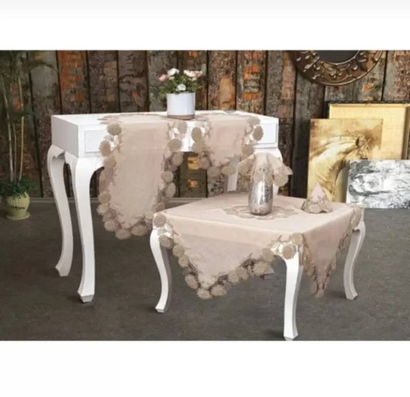 Kapiçino Flowers Model 5 Parça Keten Dantelli Runner Seti Salon Takımı