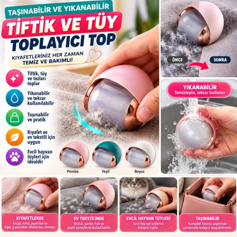 Taşınabilir ve Yıkanabilir Tiftik Ve Tüy Toplayıcı Kıl Toz Elbise Tiftik Temizleyici Top
