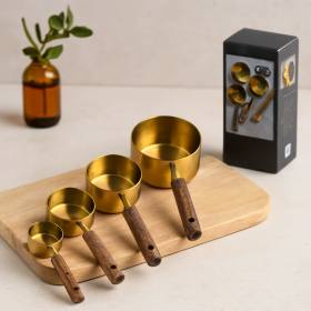 4'lü ölçü kaşık seti (250/125/80/60 ml) - gold metal ahşap saplı
