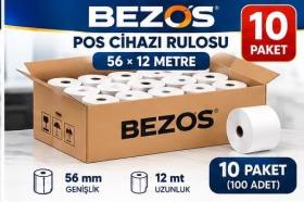Termal POS Cihazı Rulosu 56 mm x 12 m - 100 Adet (10 Paket) Yazar Kasa Slip Rulosu