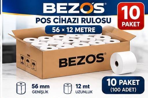 Termal POS Cihazı Rulosu 56 mm x 12 m - 100 Adet (10 Paket) Yazar Kasa Slip Rulosu