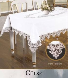 Gülse Model Krem 155x220 cm Keten Dantelli Dekoratif Zarif Yemek Masası Örtüsü