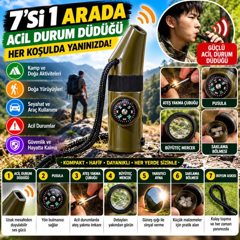 7si 1arada Acil Durum Düdüğü,El Feneri, Termometre,Pusula,Büyüteç,Depolama Bölmeli Kampçı Düdüğü