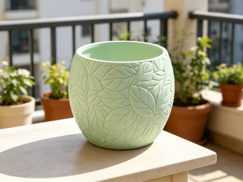 3D Baskı Yapraklı Desenli Yuvarlak Saksı Tepsili Süzdürmeli Bitki Saksısı 15 cm Dekoratif Çiçek - Yeşil