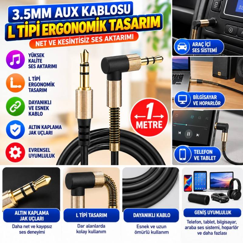 3.5mm AUX Kablosu Jak Erkek Erkek L Tipi 1 Metre Ses Aktarım Kablosu