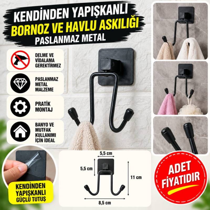Kendiliğinden Yapışkanlı Siyah Paslanmaz Metal Bornoz ve Havlu Askılığı (adet fiyatıdır)