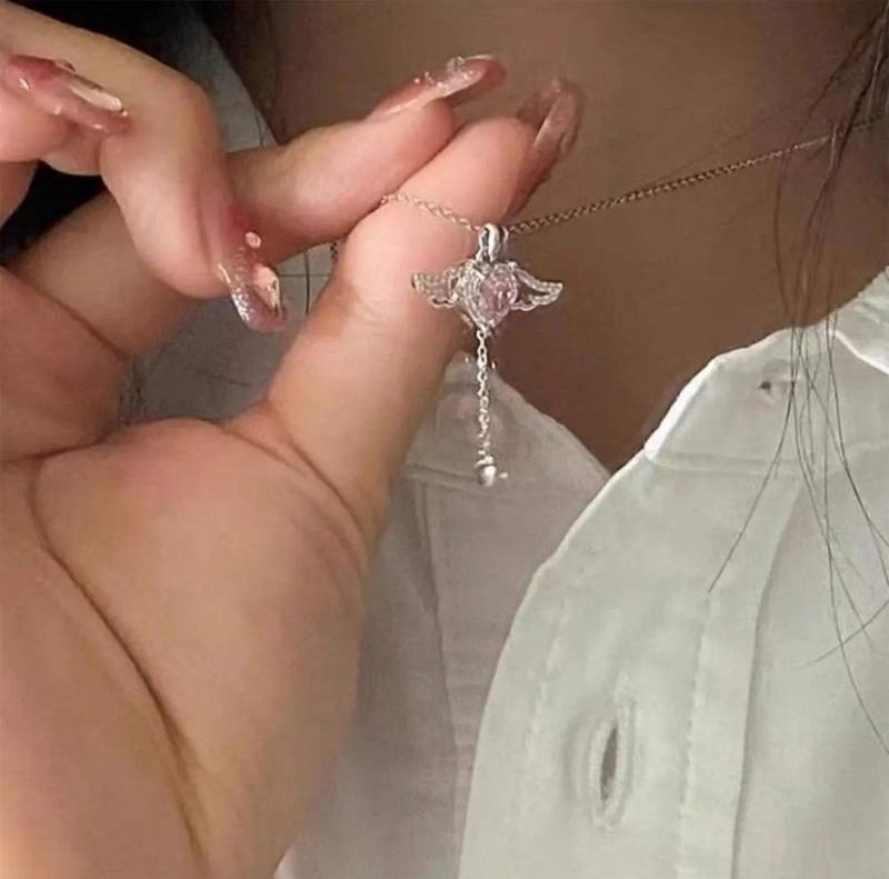 Melek Kanadı Kalp Detaylı Çelik Kolye | Pembe Zirkon Taşlı Kararmaz Gümüş Kaplama | Toptan Çelik Kolye