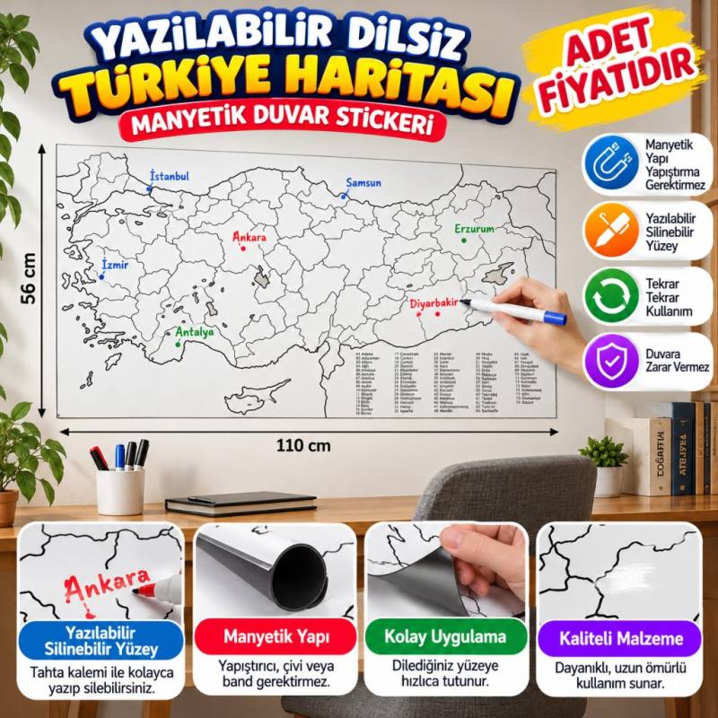 Yazılabilir Türkiye Haritası Manyetik Duvar Stickerı 110 x 56 cm (adet fiyatıdır)