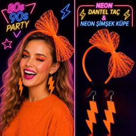 Neon Turuncu Dantel Taç ve Şimşek Küpe 80&amp;#39;ler 90&amp;#39;lar Parti Seti