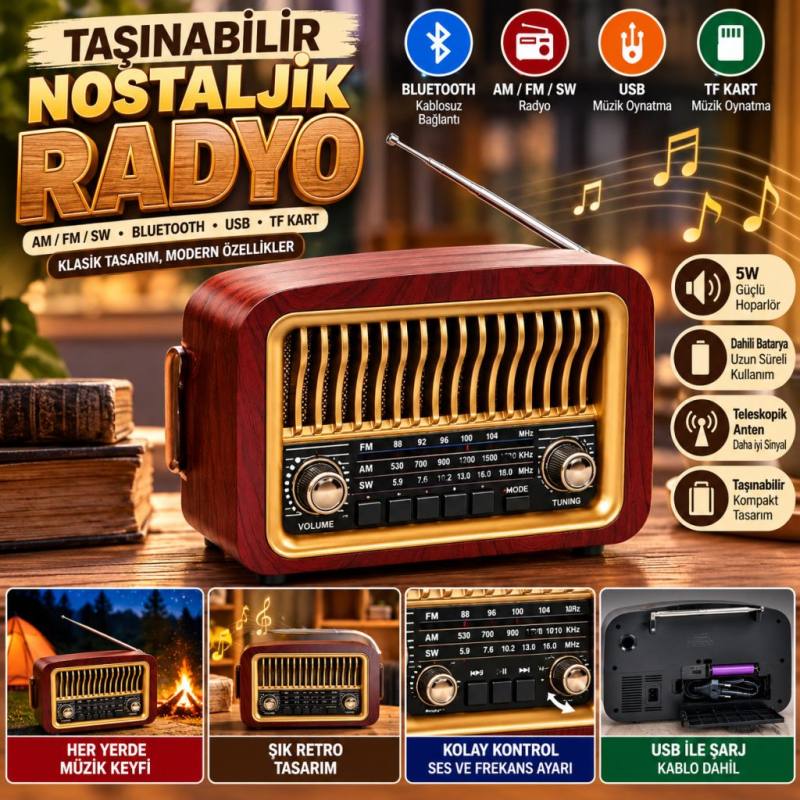 Taşınabilir Klasik AM/FM/SW Transistör Retro Nostaljik Radyo USB Şarjlı