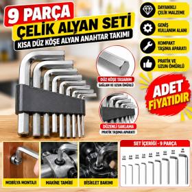 9 Parça Çelik Alyan Seti Kısa Düz Köşe Alyan Anahtar Takımı