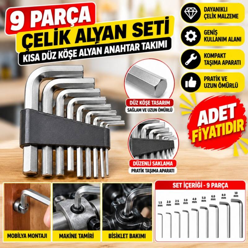 9 Parça Çelik Alyan Seti Kısa Düz Köşe Alyan Anahtar Takımı