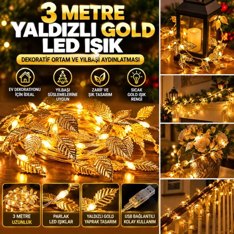 3 Metre Yaldızlı Gold LED Işık – Dekoratif Ortam Aydınlatması