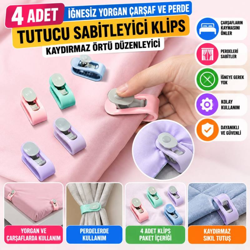 4 Adet İğnesiz Yorgan Çarşaf Ve Perde Tutucu Sabitleyici Kaydırmaz Örtü Düzenleyici Klips