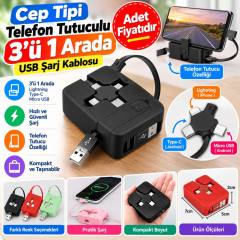 Cep Tipi Telefon Tutuculu Makaralı Uzayıp Kısalabilen 3'ü 1 Arada USB Şarj Kablosu (adet fiyatıdır)