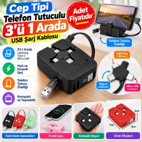 Cep Tipi Telefon Tutuculu Makaralı Uzayıp Kısalabilen 3'ü 1 Arada USB Şarj Kablosu (adet fiyatıdır)