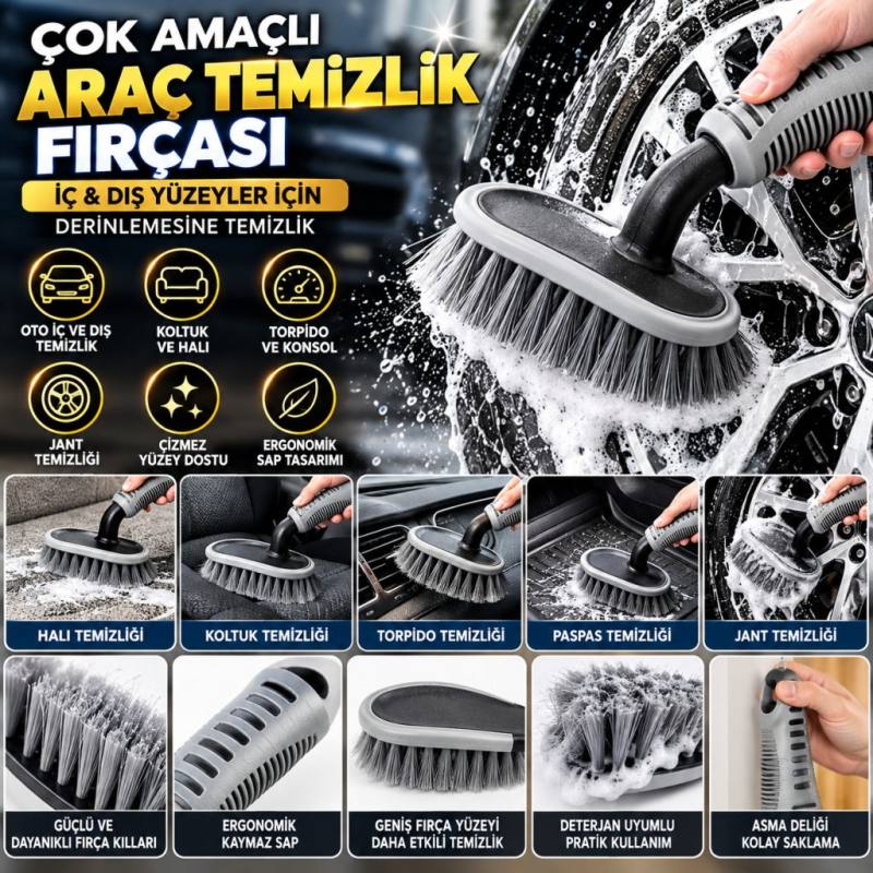 Çok Amaçlı Araç Temizlik Fırçası – Oto İç ve Dış Yüzeyler, Koltuk, Halı, Torpido ve Jant İçin Ergonomik Temizlik Fırçası