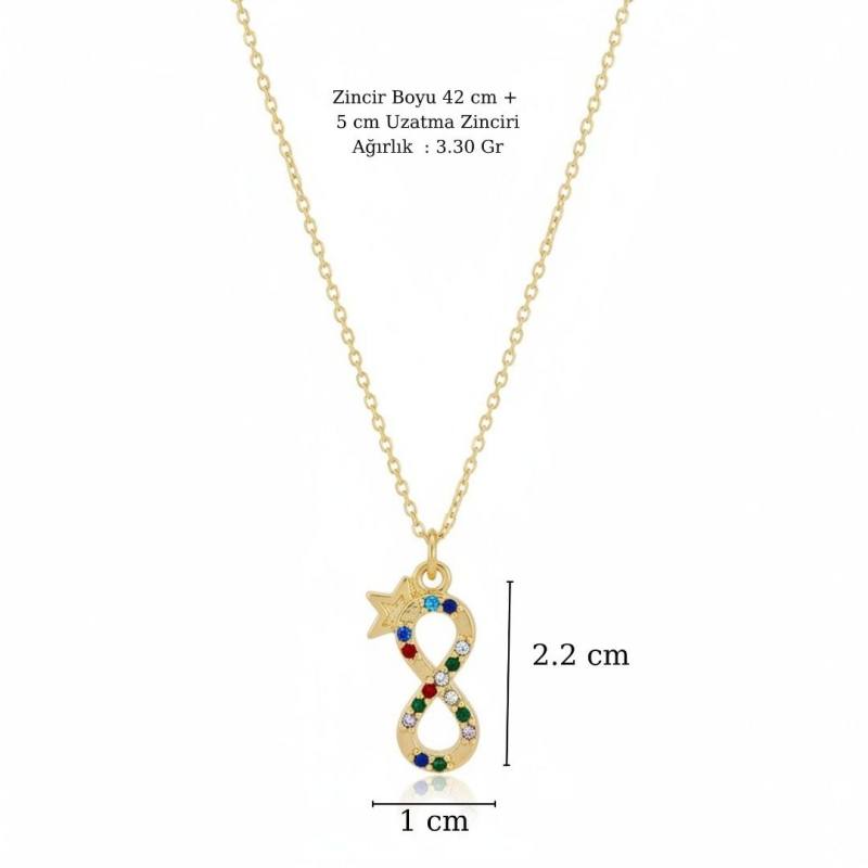Renkli Zirkon Taşlı Sonsuzluk Yıldız Gold Kolye - Toptan Bijuteri