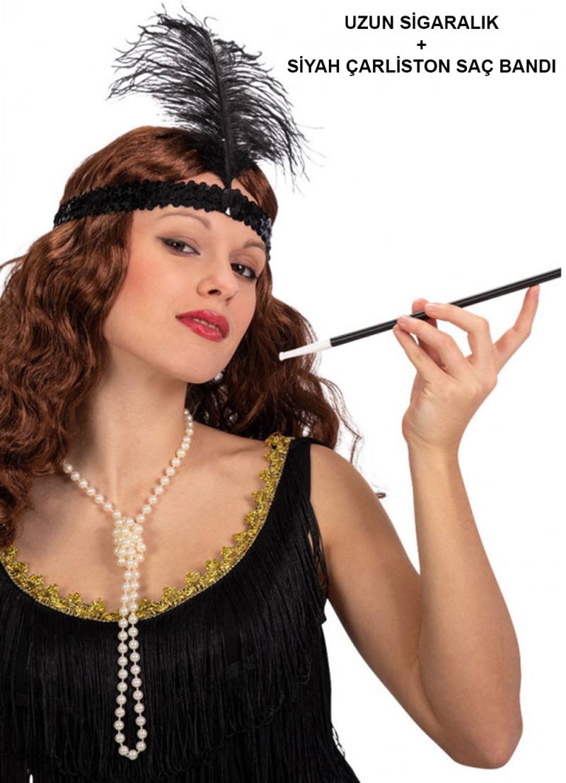 1920'ler Gatsby Aksesuar Seti ? Siyah Charleston Saç Bandı & Sigaralık