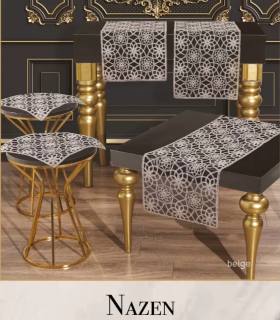 Salon Takımı 5 Parça Tül İşlemeli Masa Örtüsü Runner Seti Çeyizlik Nazen Model No 96584 Bej