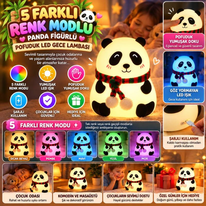 5 Farklı Renk Modlu Panda Figürlü Pofuduk LED Gece Lambası–Yumuşak Dokulu Çocuk Odası ve Dekoratif Şarjlı Ortam Işığı