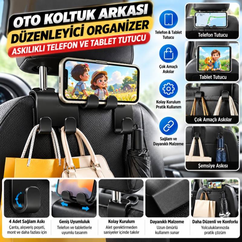 Oto Koltuk Arkası Düzenleyici Organizer Askılıklı Telefon,Tablet Tutucu